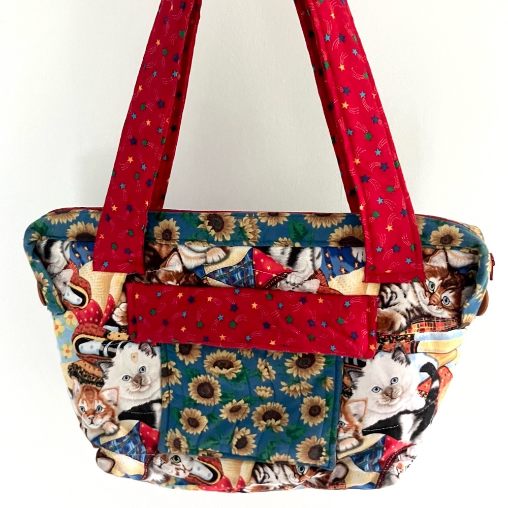 Vintage 90’s cat quilt handmade sunflowers purse handbag bag